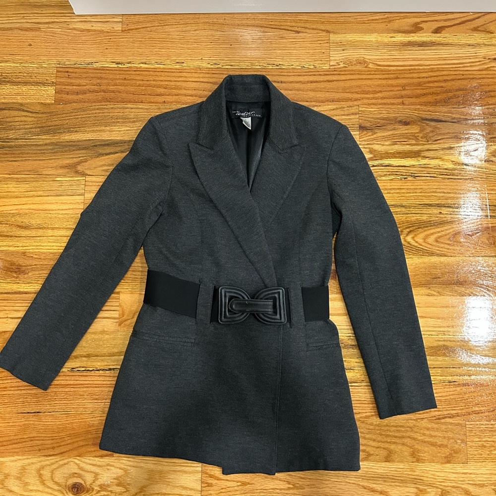 Vintage Cache Contour Collection Elegant Charcoal Pea Coat with Belt Accent